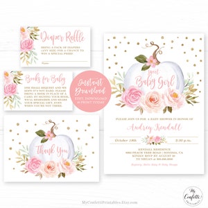 Pumpkin Baby Shower Invitation Bundle, Editable Fall Baby Shower Invite Template, Printable, Girl, Fall, Boho, Sweet Baby Girl, MCP826, CJB