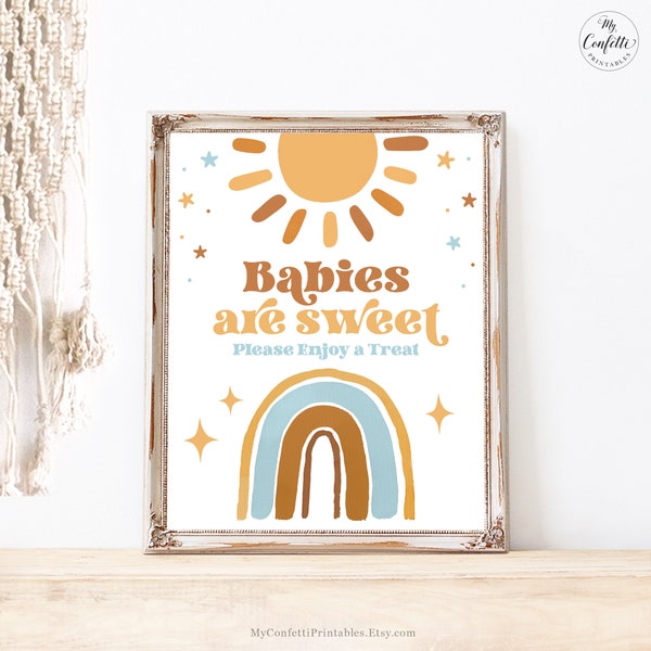 Babies are Sweet, Please Take a Treat Sign, Printable Dessert Table Sign, Sunshine, Rainbow, Retro, Sun, Blue, Boho, Boy Baby Shower, MCP101