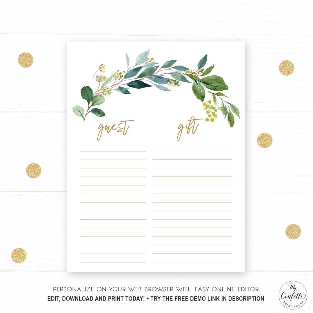 Gift List, Printable Gifts List Page, Baby Shower, Birthday, 8.5x11 ...
