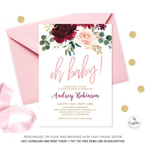 Pink Burgundy Floral Baby Shower Invitation Girl, Printable Baby Shower Invitation Template, EDITABLE, Plum, Blush, Oh Baby, MCP816, CJB