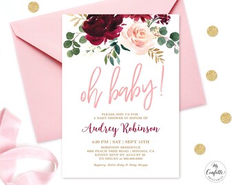 Pink Burgundy Floral Baby Shower Invitation Girl, Printable Baby Shower Invitation Template, EDITABLE, Plum, Blush, Oh Baby, MCP816, CJB