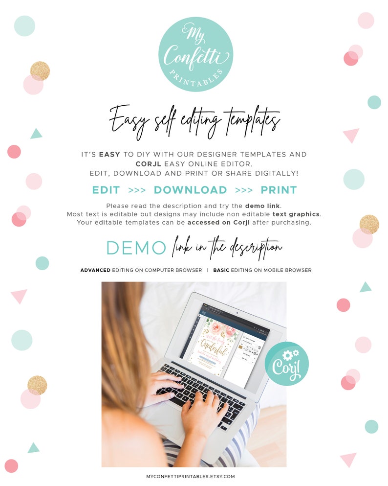 May include: A laptop computer screen shows a pink and gold floral design with the text "It's My Birthday Wonderful" on a white background. The laptop is on a bed with a person's hands typing on the keyboard. The image includes the text "Corjl" and "MyConfettiPrintables.etsy.com".