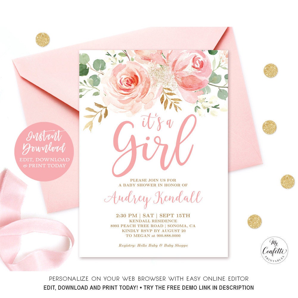 Blush Pink Floral Baby Shower Invitation Girl EDITABLE Etsy Australia