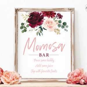 Baby Shower Momosa Bar Sign, Printable Baby Shower Mom-osa Bar Sign, Boho, Pink Burgundy Floral, Girl Baby Shower Decor, 8x10, MCP816