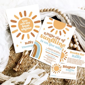 A Little Ray of Sunshine Baby Shower Invitation Bundle Template, Editable, Boy, Sunshine, Rainbow, Retro, Sun, Boho, Terracotta, MCP101, CJB