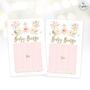 Printable Baby Bingo Game, Baby Shower Game, Girl Baby Shower Party Games, Winter Snowflake, Pink, MCP842