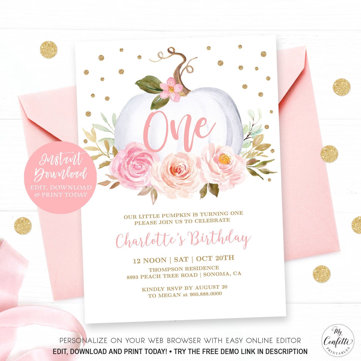 Girl First Birthday Invitation Printable Pumpkin 1st Birthday - Etsy