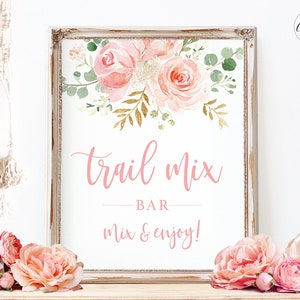 Baby Shower Trail Mix Bar Sign, Printable Trail Mix Sign, Boho, Blush Pink Floral, Girl Baby Shower Decor, 8x10, MCP820