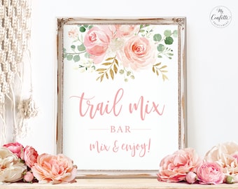 Baby Shower Trail Mix Bar Sign, Printable Trail Mix Sign, Boho, Blush Pink Floral, Girl Baby Shower Decor, 8x10, MCP820