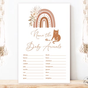 Name the Baby Animal Game Card, Printable Baby Shower Game Card, Gender Neutral Baby Shower Game, Boho Rainbow, MCP90
