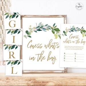 Guess What&#39;s in the Bag Printable Baby Shower Game Sign, Greenery, Baby Girl, Greenery Baby Shower Game, MCP813, MCP814