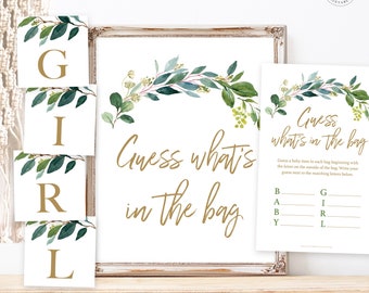 Guess What's in the Bag Printable Baby Shower Game Sign, Greenery, Baby Girl, Greenery Baby Shower Game, MCP813, MCP814