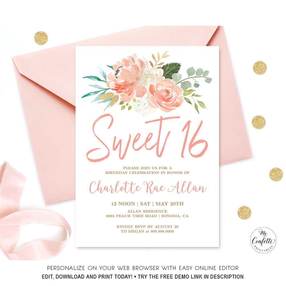 editable-peach-floral-sweet-16-birthday-party-invitation-printable-sweet-sixteen-birthday-invitation-template-peach-blush-mcp810-cjb-etsy