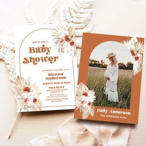 Editable Baby Shower Invitation Template, Printable Invite, Boho, Retro, Pampas, Palm Leaf, Arch, Terracotta, Rust, Boy, Girl, MCP111, CJB