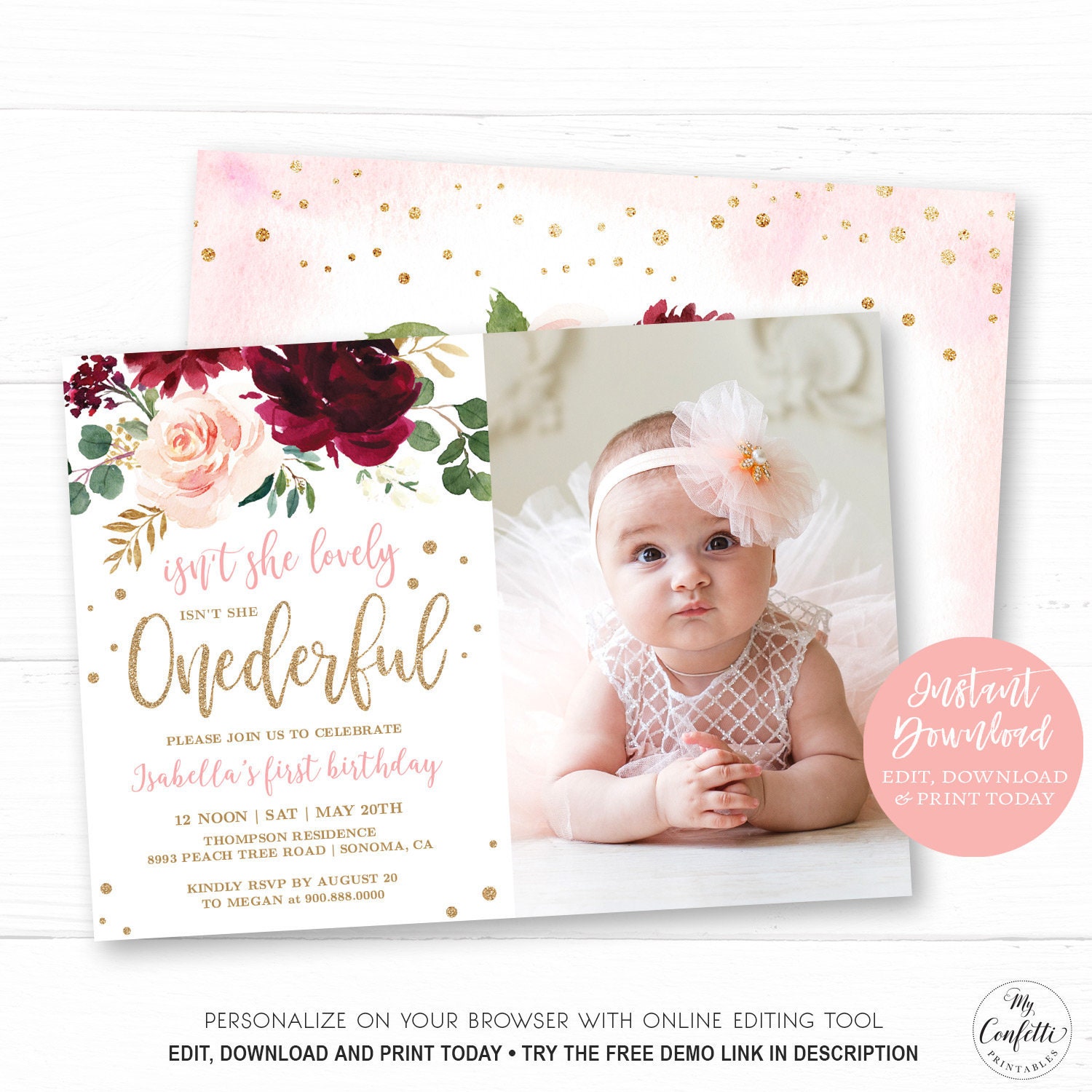 Baby s First Birthday Party Invitation Printable Baby Birthday Photo Template EDITABLE Pink Burgundy Floral Onederful Girl MCP817 CJB Etsy