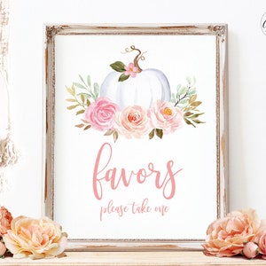Baby Shower Favors Sign, Printable Birthday Party Favors Sign, White Pumpkin, Fall, Autumn, Pink Floral, Boho, Girl, 8x10, MCP826, MCP827 image 2