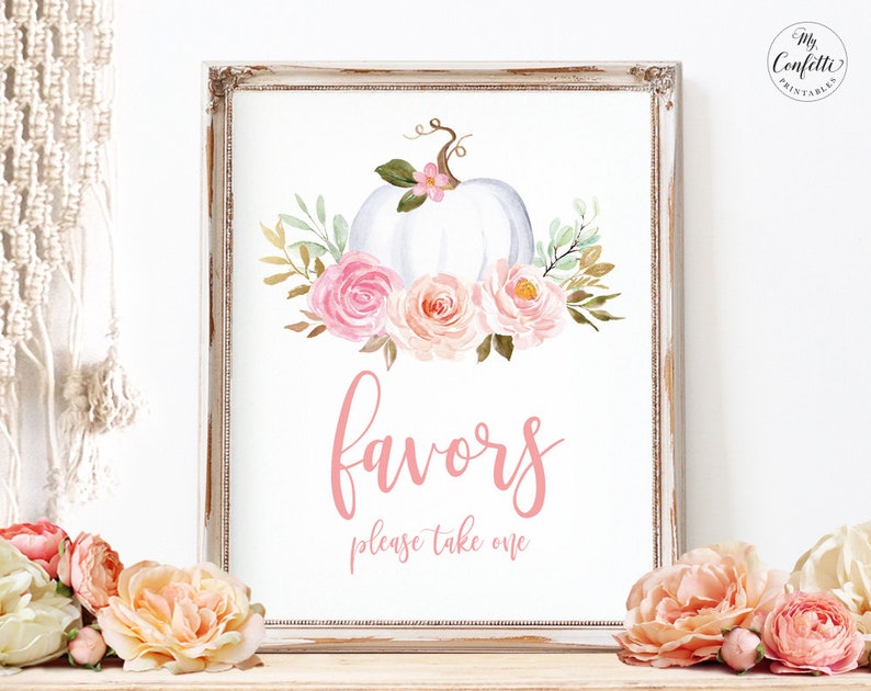 Baby Shower Favors Sign, Printable Birthday Party Favors Sign, White Pumpkin, Fall, Autumn, Pink Floral, Boho, Girl, 8x10, MCP826, MCP827 image 2