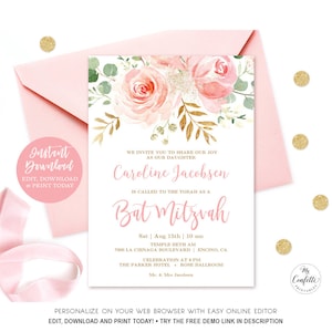 EDITABLE Blush Pink Floral Bat Mitzvah Invitation, Printable Bat Mitzvah Birthday Invitation Template, MCP824, CJB