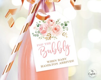 Blush Pink Floral Baby Shower Champagne Tags, Printable Baby Shower Champagne Bottle Tag Template, Pop the Bubbly, Girl, MCP820, CJB