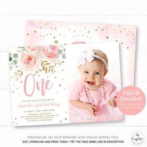 Blush Floral Editable First Birthday Photo Invitation Template, Printable 1st Birthday Invitation, Baby Girl, One, Pink, MCP821, CJB