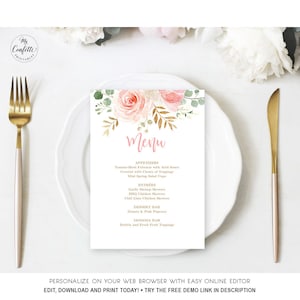 Printable Blush Pink Menu, Editable Menu Template, Baby Shower, Birthday Party, MCP820, MCP821 MCP822, MCP823, MCP824, MCP830, CJB