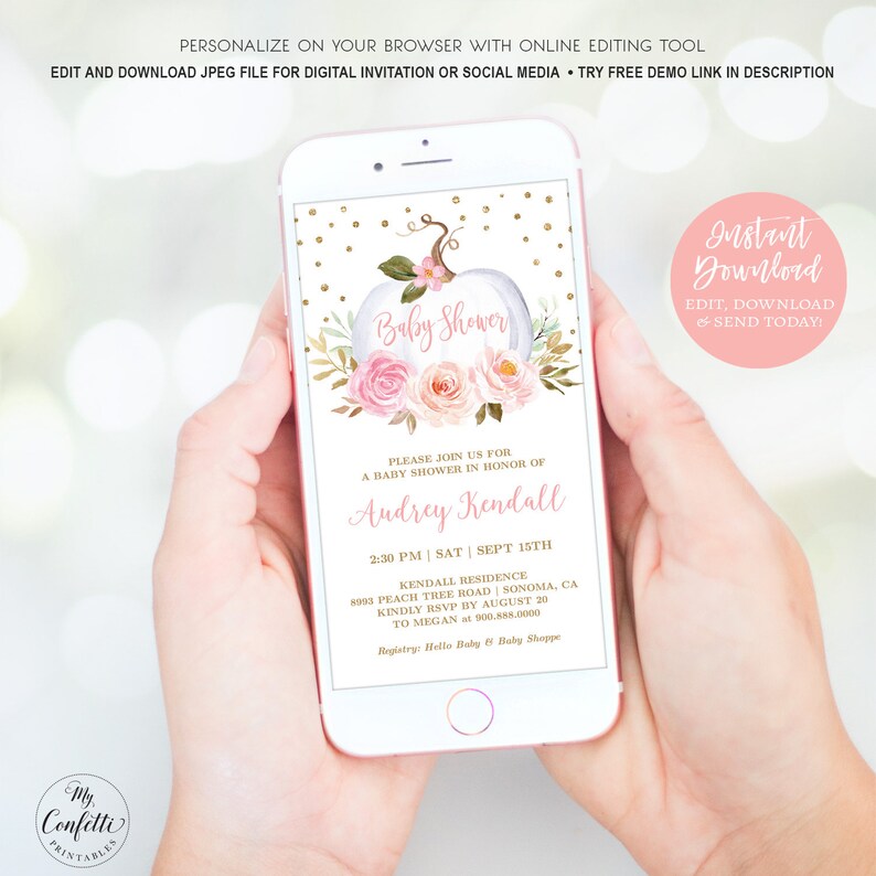 Digital Baby Shower Invitation Girl Blush Pumpkin Baby Shower Etsy