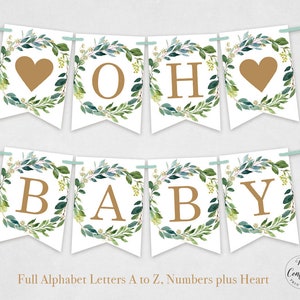 May include: A banner spelling out "OH BABY" with individual pennants. Each pennant has a gold letter or heart, surrounded by a green and gold floral wreath. The text "Full Alphabet Letters A to Z, Numbers plus Heart" is at the bottom.