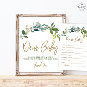 Dear Baby, Wishes for Baby Shower Game Sign & Cards, Printable, Rustic, Greenery Baby Shower Games, Woodland, Green, Gold, MCP813, MCP814