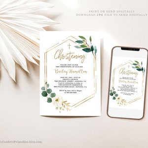 May include: A gold and green christening invitation with a geometric frame and floral accents. The invitation reads "Christening" and includes the name "Bailey Hamilton".