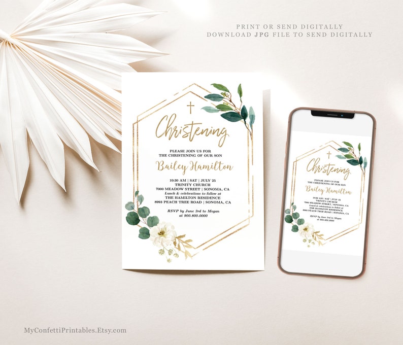 May include: A gold and green christening invitation with a geometric frame and floral accents. The invitation reads "Christening" and includes the name "Bailey Hamilton".