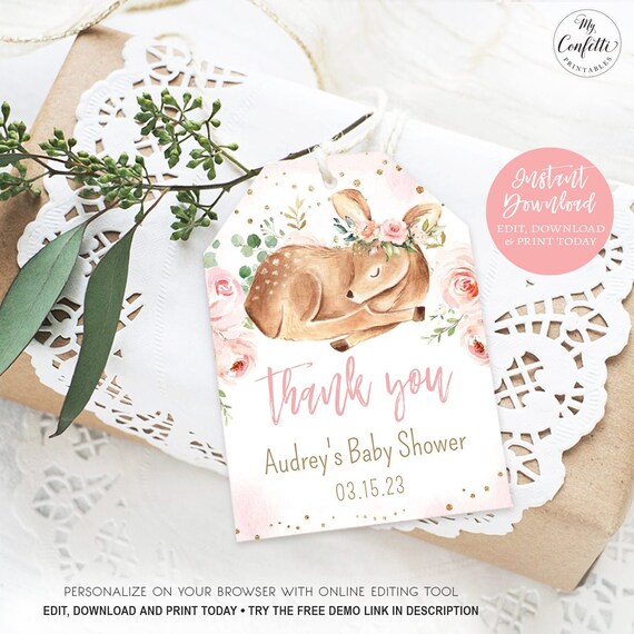Baby Shower Favor Tag, Thank You Favor Tag for Baby Shower or Birthday, EDITABLE, Baby Deer Favor Tag, Girl, Pink, MCP838, CJB
