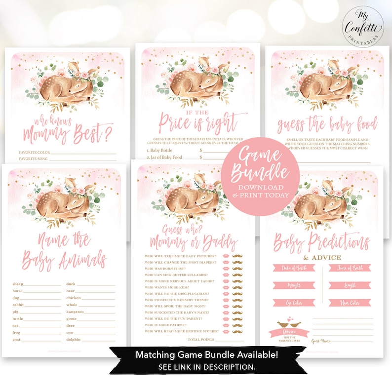 May include: A printable baby shower game bundle featuring a pink and gold color scheme with a cute deer illustration. The games include "Who Knows Mommy Best?", "Price is Right", "Guess the Baby Food", "Name the Baby Animals", "Guess Who: Mommy or Daddy", and "Baby Predictions & Advice".