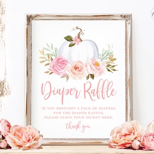 Pumpkin Baby Shower Diaper Raffle Sign, Printable Baby Shower Diaper Raffle Sign, Fall, Autumn, Pink Floral, Boho, Girl, MCP826
