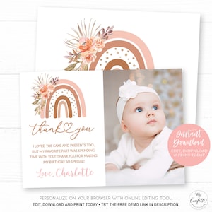 Rainbow Birthday Photo Thank You Card, Printable Photo Thank You Card Template, Pink Boho Rainbow, MCP88, CJB