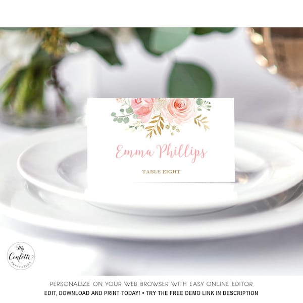 table place setting cards template Printable Blush Pink Floral Place Cards, Editable Place Card Template, Baby Shower, Birthday, MCP820, MCP821 MCP822, MCP823, MCP824, CJB
