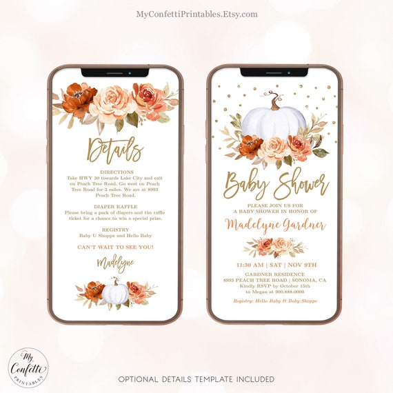 Fall Pumpkin Digital Baby Shower Invitation, Textable Baby Shower Invitation, Boy Baby Shower, Girl Baby Shower, Boho, Autumn, MCP92, CJB