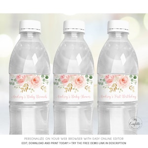 Blush Pink Floral Water Bottle Labels Printable Water Bottle Label Template, Editable Text, MCP820, MCP821, MCP822, MCP823, MCP824, CJB