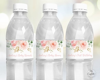 Blush Pink Floral Water Bottle Labels Printable Water Bottle Label Template, Editable Text, MCP820, MCP821, MCP822, MCP823, MCP824, CJB