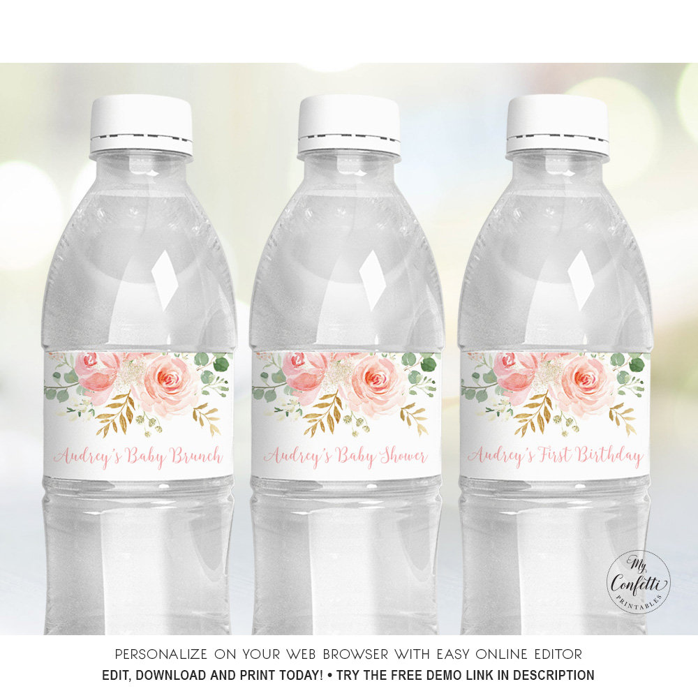 Blush Pink Floral Water Bottle Labels Printable Water Bottle  Etsy Regarding Free Printable Water Bottle Label Template