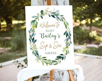 Greenery Sip & See Welcome Sign, Printable Large Welcome Sign Template, Editable Name and Date, Boy or Girl, Neutral, MCP813, MCP814, CJB