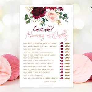 Baby Shower Game, Printable Guess Who? Mommy or Daddy Game, Burgundy Pink Floral, Girl Baby Shower Party Games, MCP816
