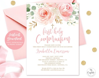 EDITABLE First Holy Communion Invitation, Printable First Holy Communion Invitation Template, Blush Pink Floral, MCP830, CJB