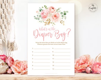 Printable What's in the Diaper Bag Game, Baby Shower Game, Blush Pink Floral, Gold, Girl Baby Shower Party Games, MCP820