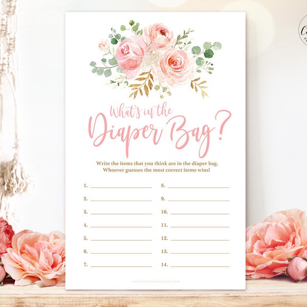 Printable What's in the Diaper Bag Game, Baby Shower Game, Blush Pink Floral, Gold, Girl Baby Shower Party Games, MCP820