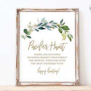 Pacifier Hunt Game Sign, Printable Baby Shower Pacifier Hunt Game, Greenery, Baby Shower Activities, Neutral, Greenery, MCP813, MCP814