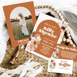 Editable Baby Shower Invitation Bundle Template, Printable, Boho Floral, Pampas, Arch, Terracotta, Rust Orange, Boy, Girl, MCP112, CJB