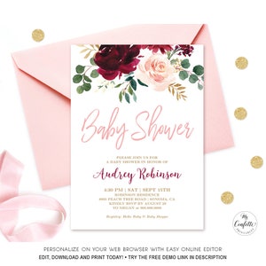 EDITABLE Invitation, Pink Burgundy Floral Baby Shower Invitation, Printable Baby Shower Card Template, Plum, Blush, Girl, Boho, MCP816, CJB