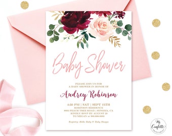 May include: A pink and white baby shower invitation with burgundy floral illustrations. The invitation reads "Baby Shower" in pink script and includes the text "Please join us for a baby shower in honor of Audrey Robinson".