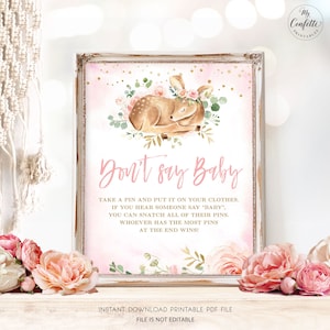 Don&#39;t Say Baby Game, Printable Baby Shower Don&#39;t Say Baby Game Sign, Girl Baby Shower, Deer, Pink, MCP838