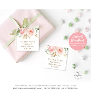 Blush Pink Floral Baby Shower Square Favor Tags, Printable 2x2 Favor Tags for Birthday, Editable Text, Girl, MCP820, MCP821, MCP830, CJB